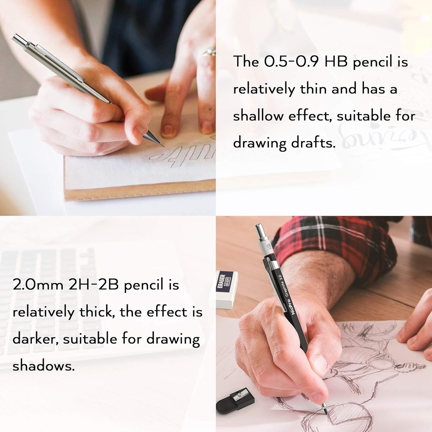 Ergonomic 6PCS Drafting Pencil Set with 4 Lead Sizes for Artists and Engineers