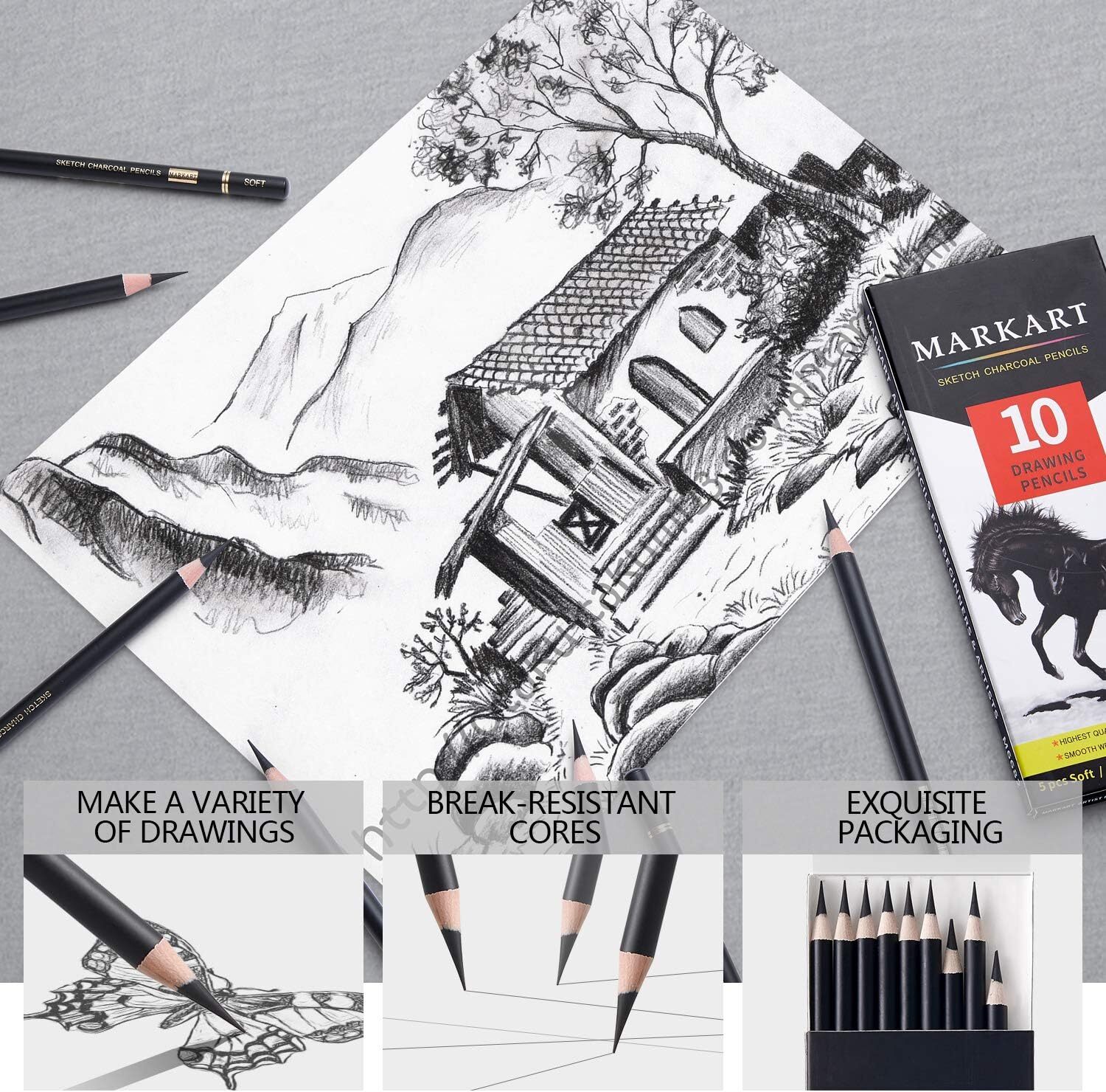 MARKART Professional Charcoal Pencils Drawing Set 10 Count (Pack of 1), Black