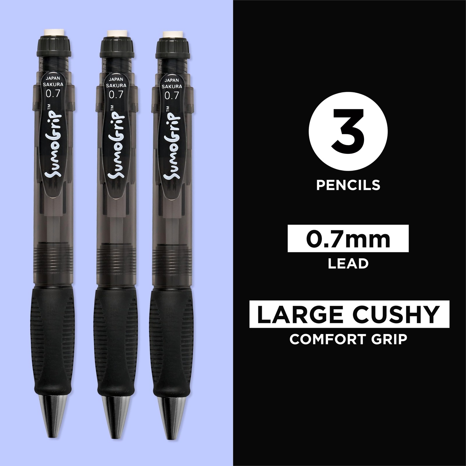 SAKURA SumoGrip Pencil with Comfort Grip – 0.7 mm 1 Count (Pack of 3), Grey