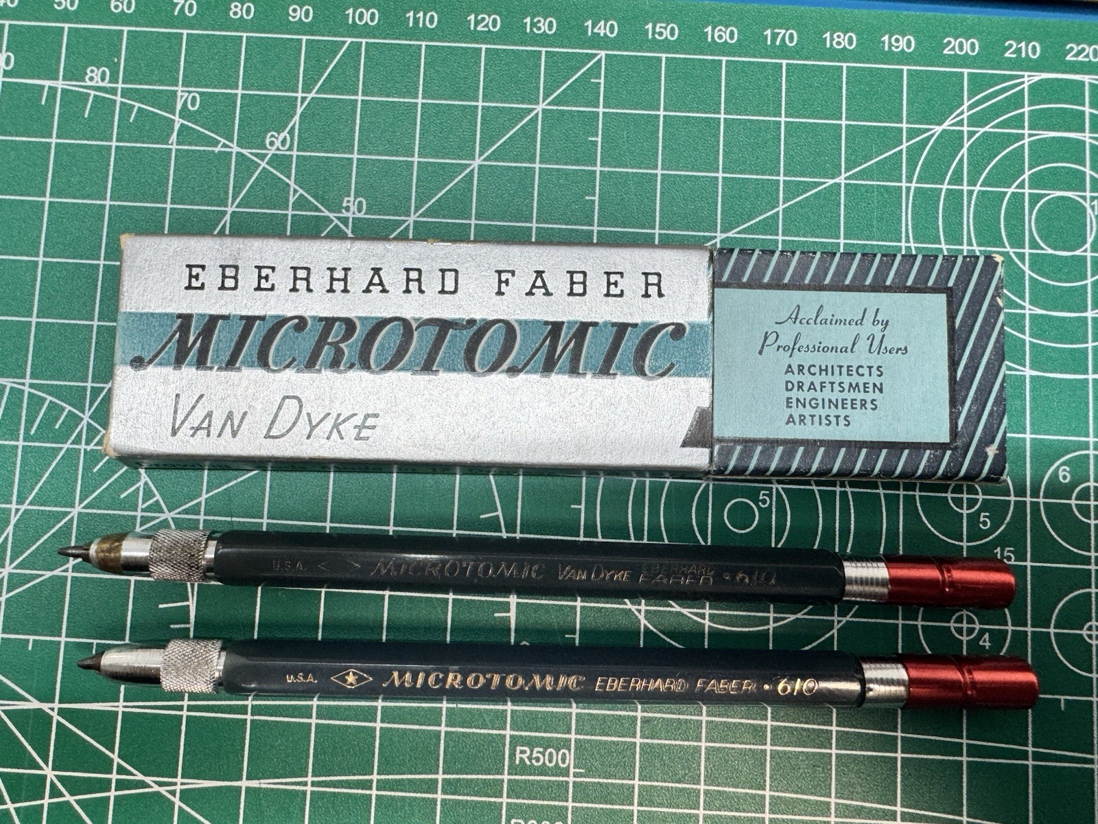 2 Eberhard Faber Microtomic Green Lead Holders with Van Dyke & Boxed 4H Leads