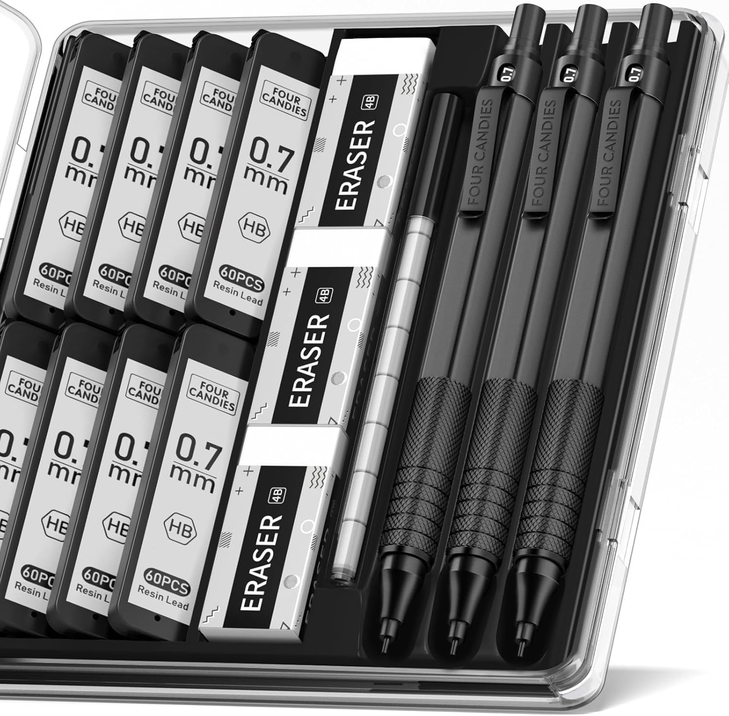 Four Candies Mechanical Graphite Pencil Set, 3Pcs Black Metal Pencils with Anti-