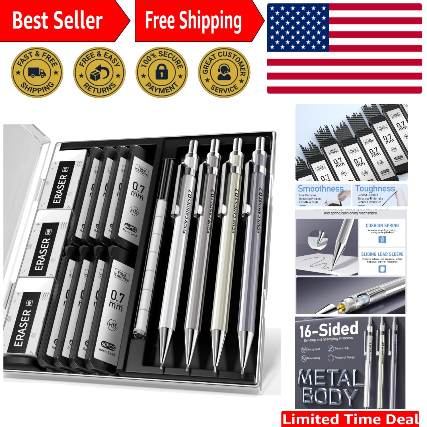 All-in-One 4PCS Metal Mechanical Pencils with 480 Leads & Organizer Case