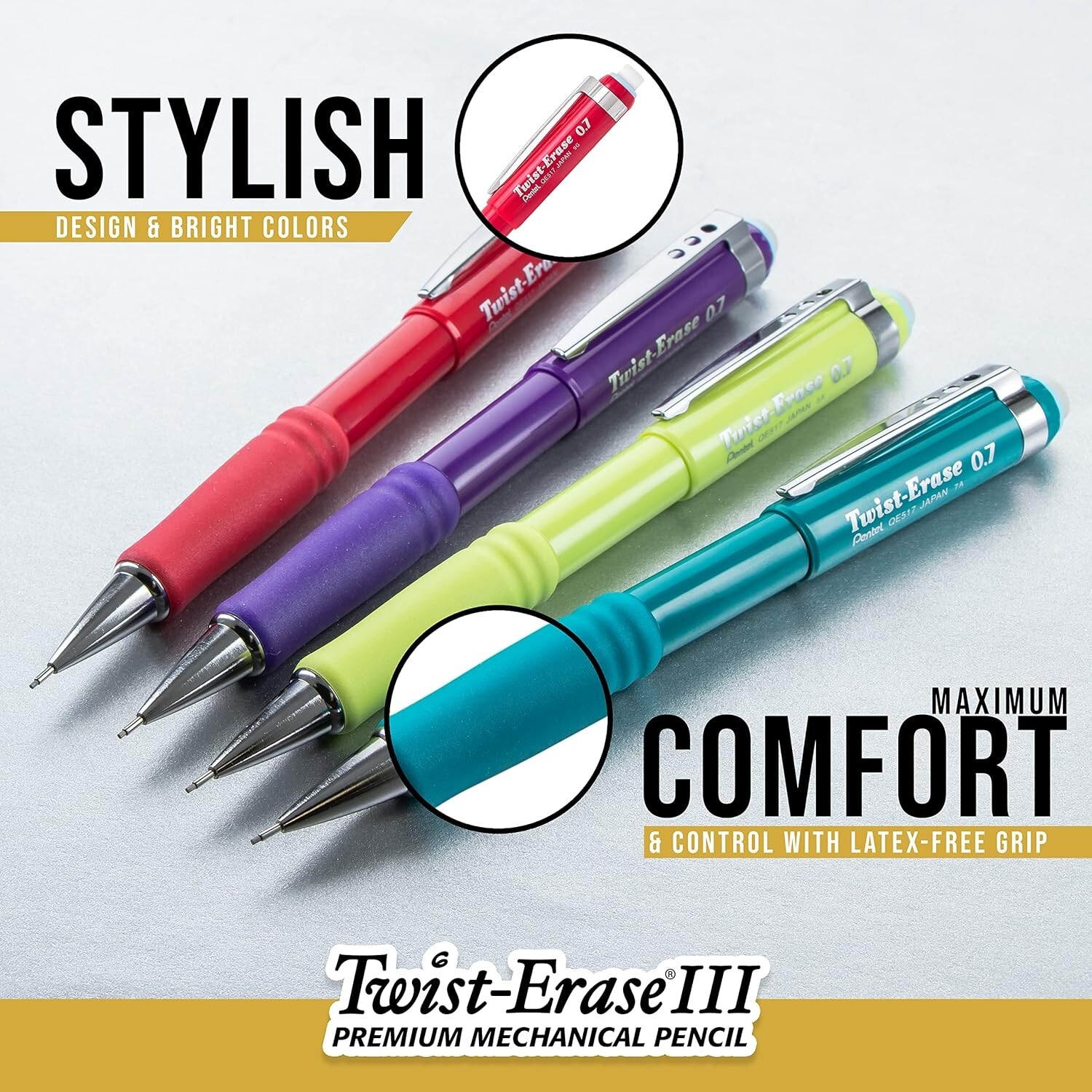 Pentel Twist-Erase III Mechanical Pencil, (0.5mm), Black Barrel, Pack of 4