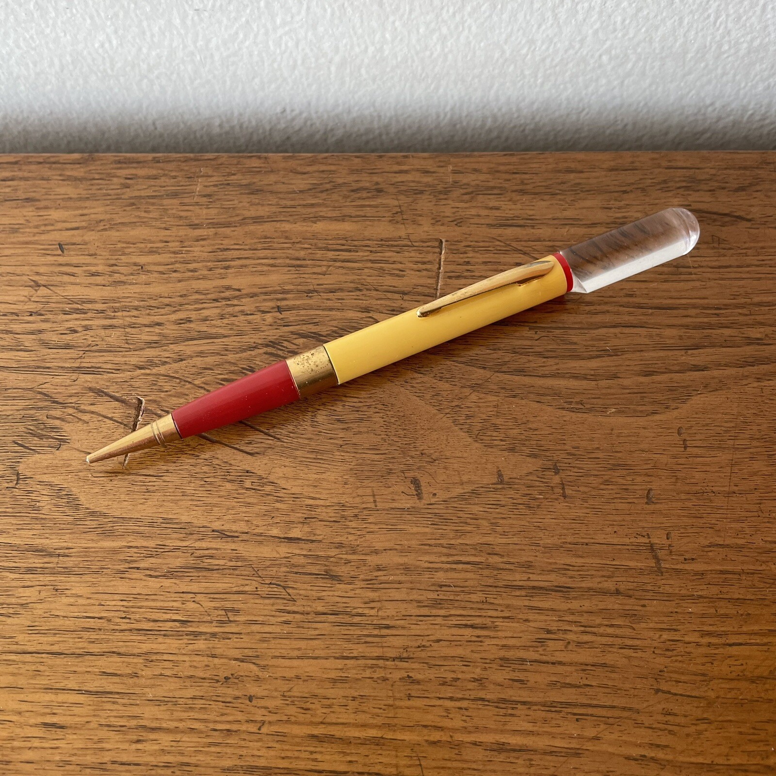 Vintage Mechanical Pencil Yellow & Red Plastic, Clear Lucite, Eraser, 6-1/4″ MCM