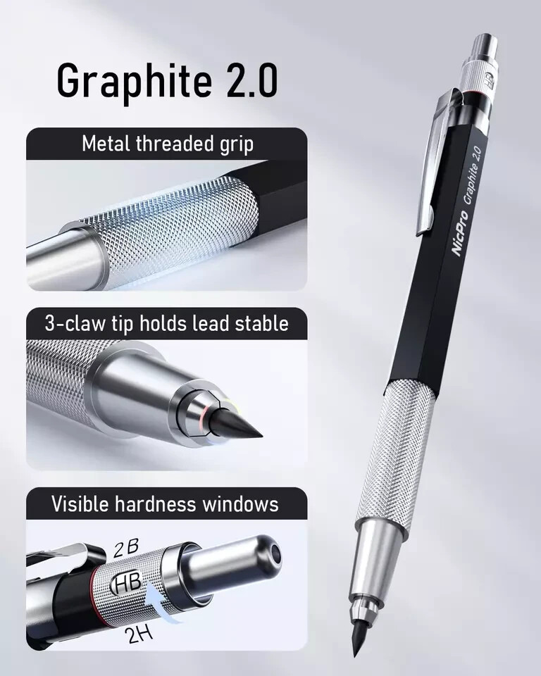 Nicpro 6PCS Art Mechanical Pencil Set, 3PCS Metal Drafting Pencil 0.5 Mm & 0.7 M