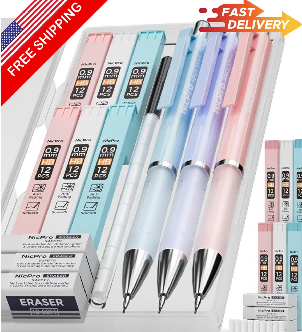 3PCS Pastel Mechanical Pencil Set, 0.9mm Mechanical Pencil with 6 Tubes Lead