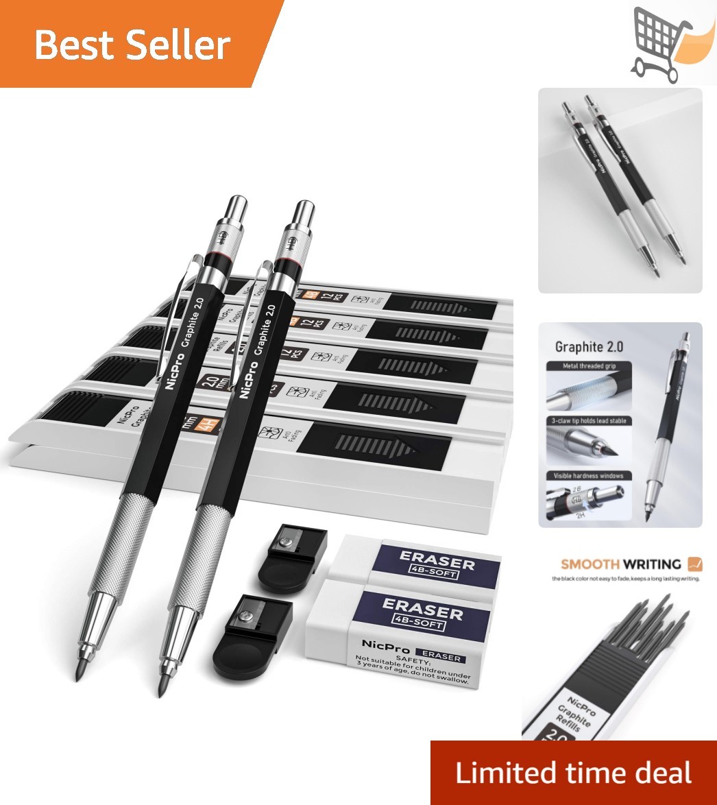 Metal Mechanical Pencil Set 2mm Lead Refill Erasers for Drafting Drawing