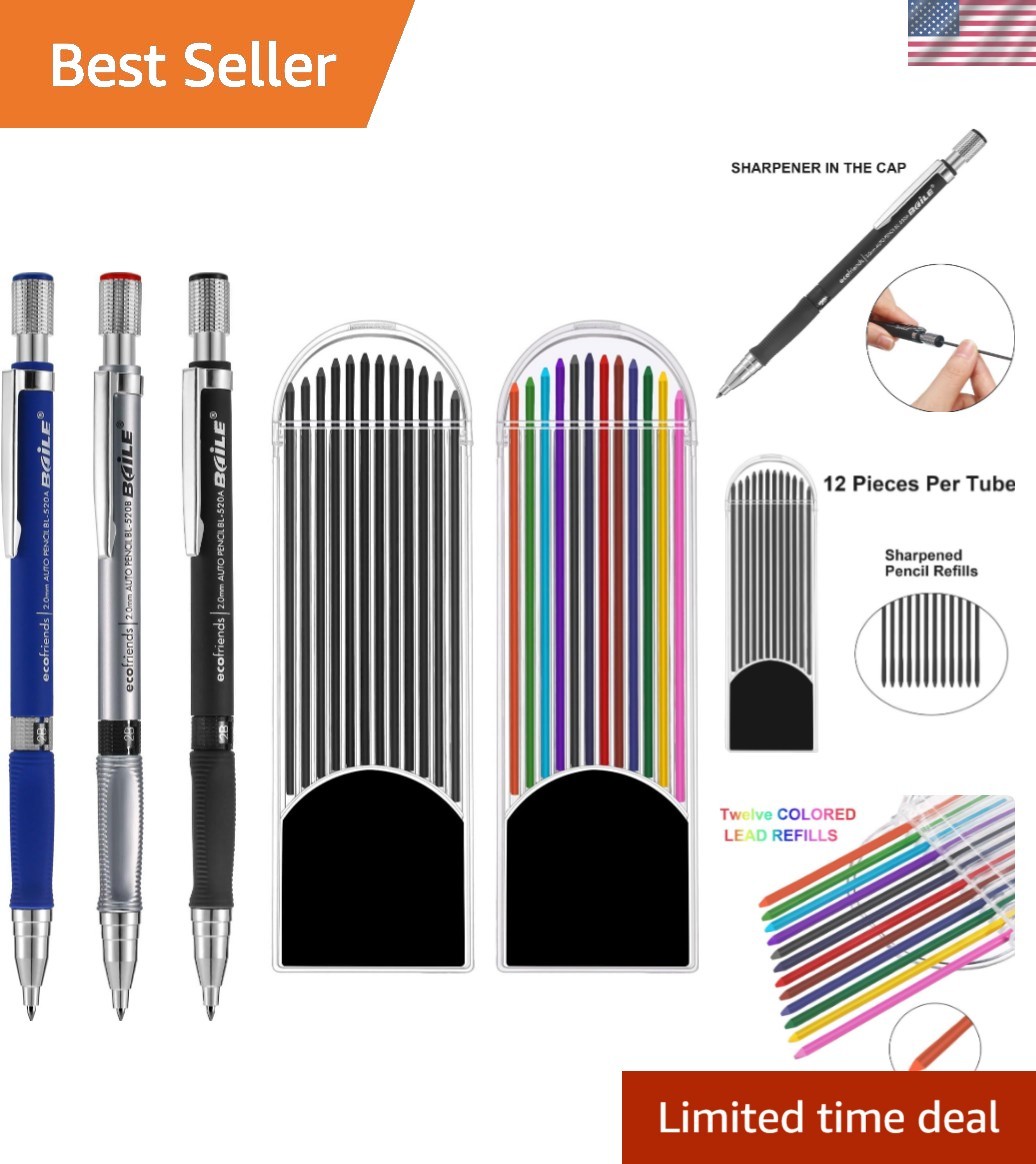Durable Mechanical Pencil Set – 3 Pencils & Black/Colored Refills Included
