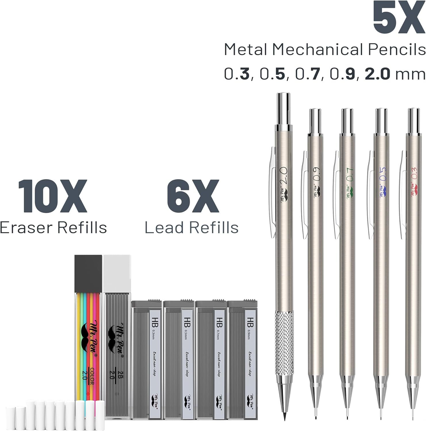 Mr. Pen- Metal Mechanical Pencil Set with Lead and Eraser Refills, 5 Sizes, 0.3,