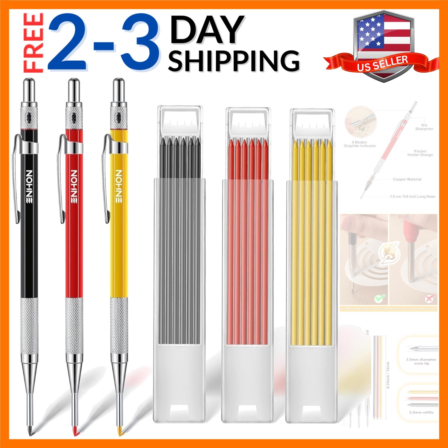 3 Pcs 2mm Mechanical Carpenter Pencil Set with 36 Marker Refills and Sharpene…