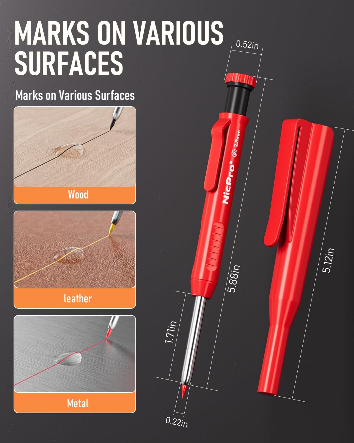 Nicpro Carpenter Pencil with Sharpener, Mechanical Pencils Set Black,Red