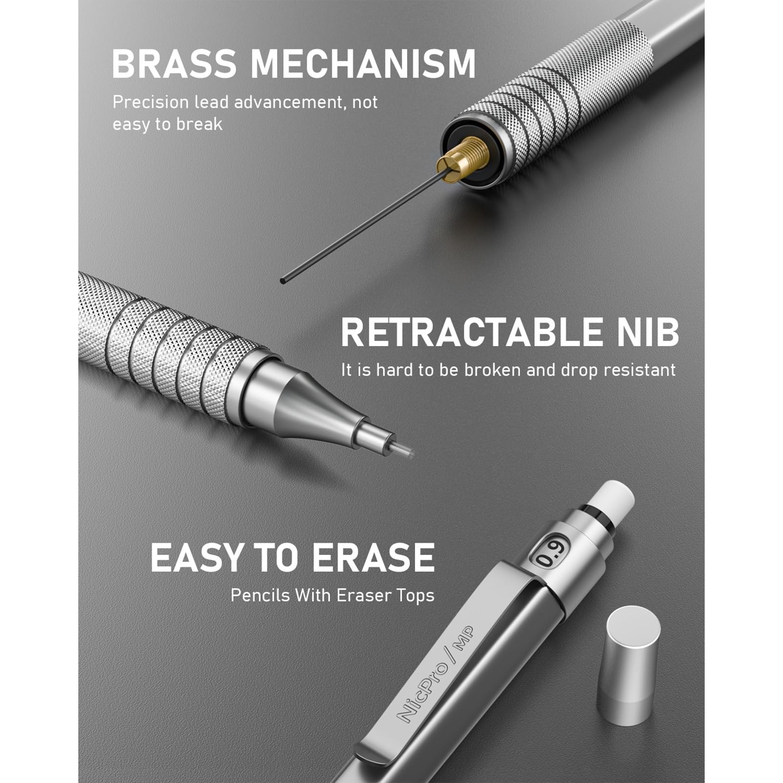 Nicpro 0.9 mm Metal Mechanical Pencil Set with Case, 3PCS MM, Silver