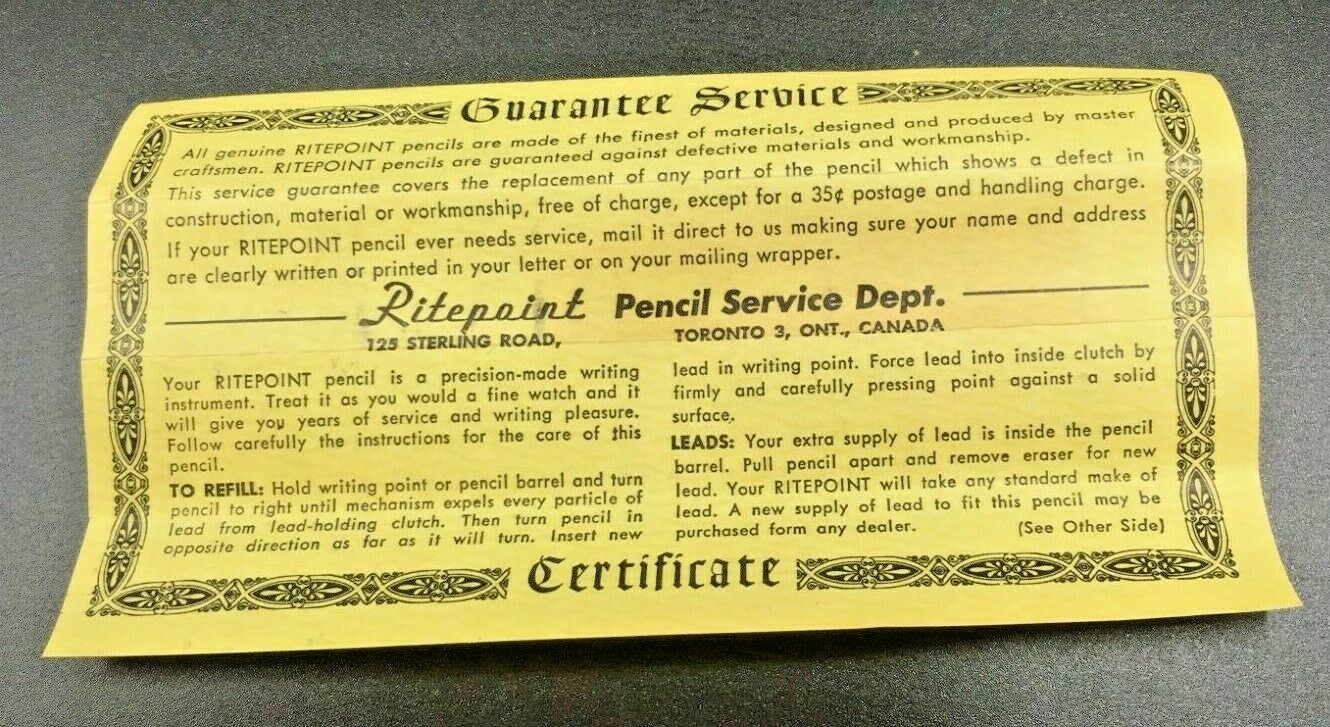 Guarantee Service Certificate & Directions – Ritepoint Perpetual Calendar Pencil