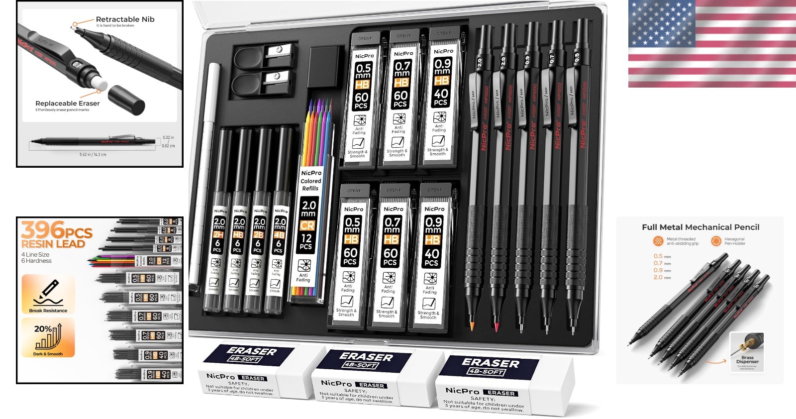 22PCS Metal Mechanical Pencil Set with 0.5-2.0mm Leads for Artists and Sketching