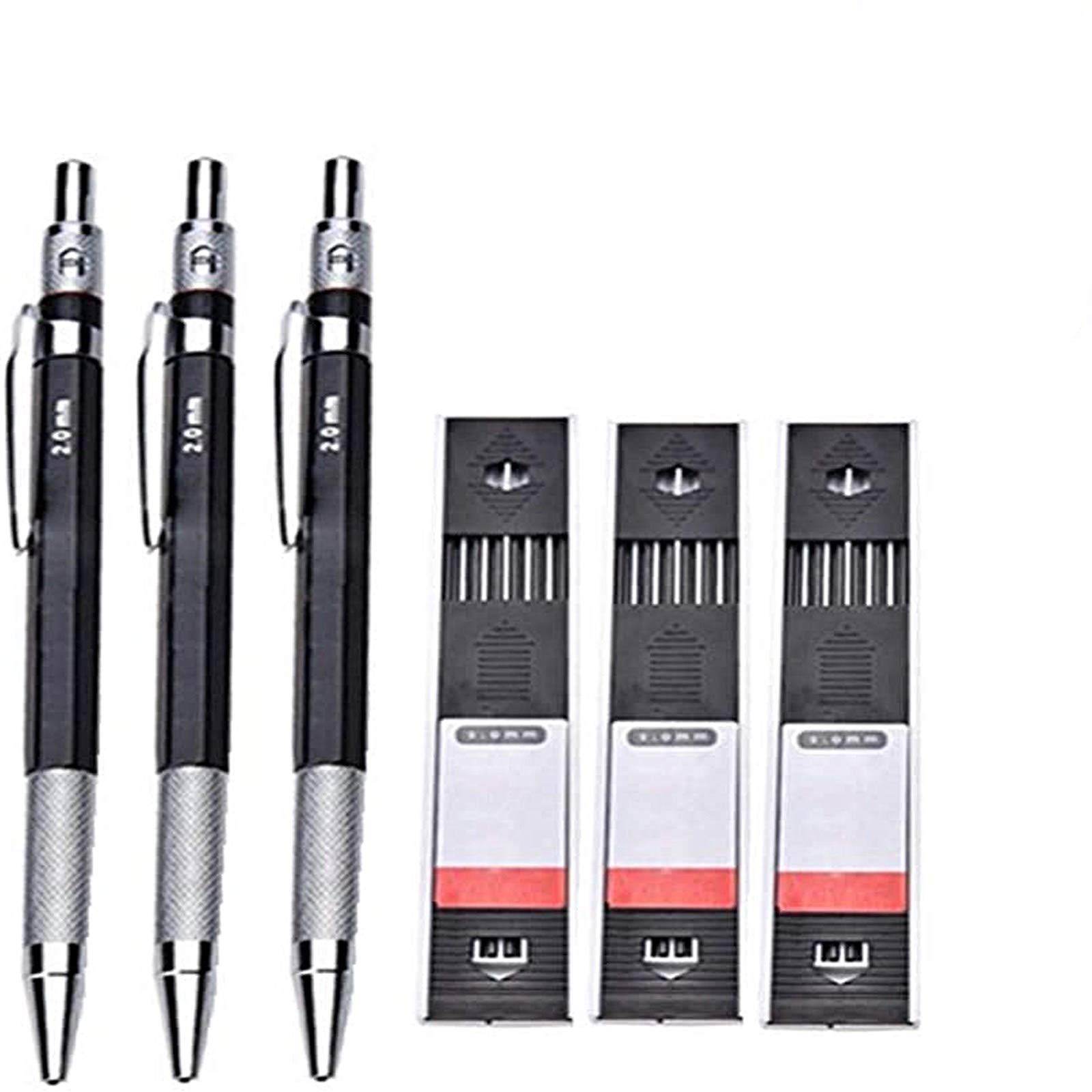 3 Pack 2.0Mm 2B Lead Holder Metal Mechanical Pencil Professional Automatic Draft