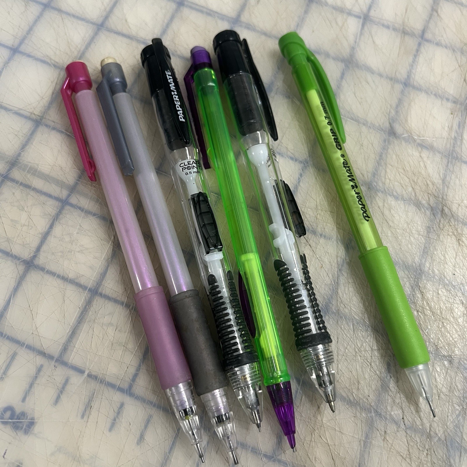 Papermate Mechanical Pencils Clear Point Top Notch Grip Clickster Used Lot