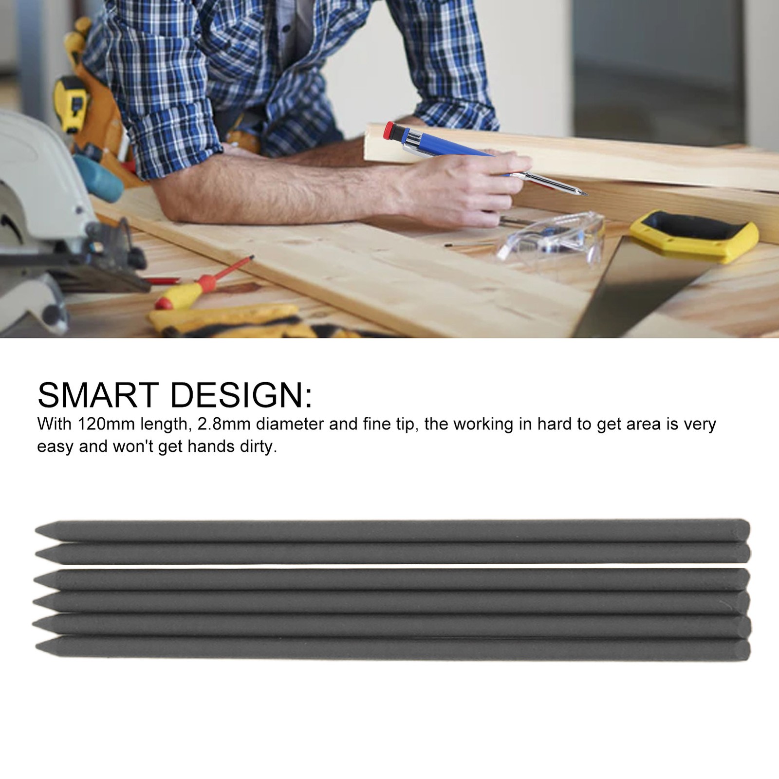 Black Graphite 6Pcs Carpenter Pencil Refill 2.8mm HB Marking Scribing Tool