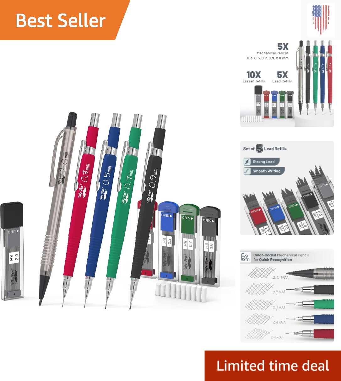 Premium 10 Piece Mechanical Pencil Set – Includes Lead and Eraser Refills