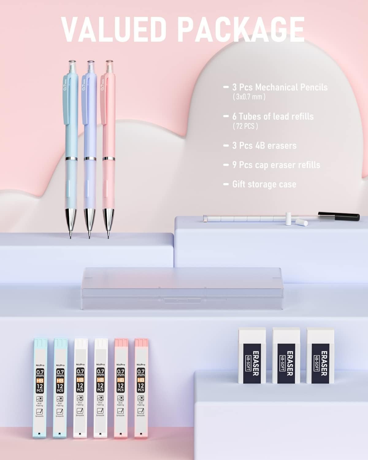 3PCS Cute Mechanical Pencil Set with Case for Students – 0.7mm Lead & Erasers