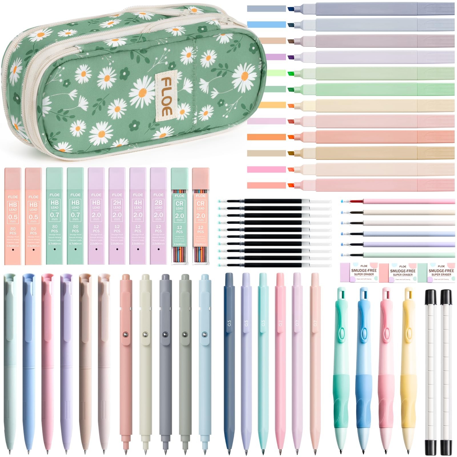 65 PCS Aesthetic School Supplies Pencil Case Highlighters 0.5/0.7/2.0 MM