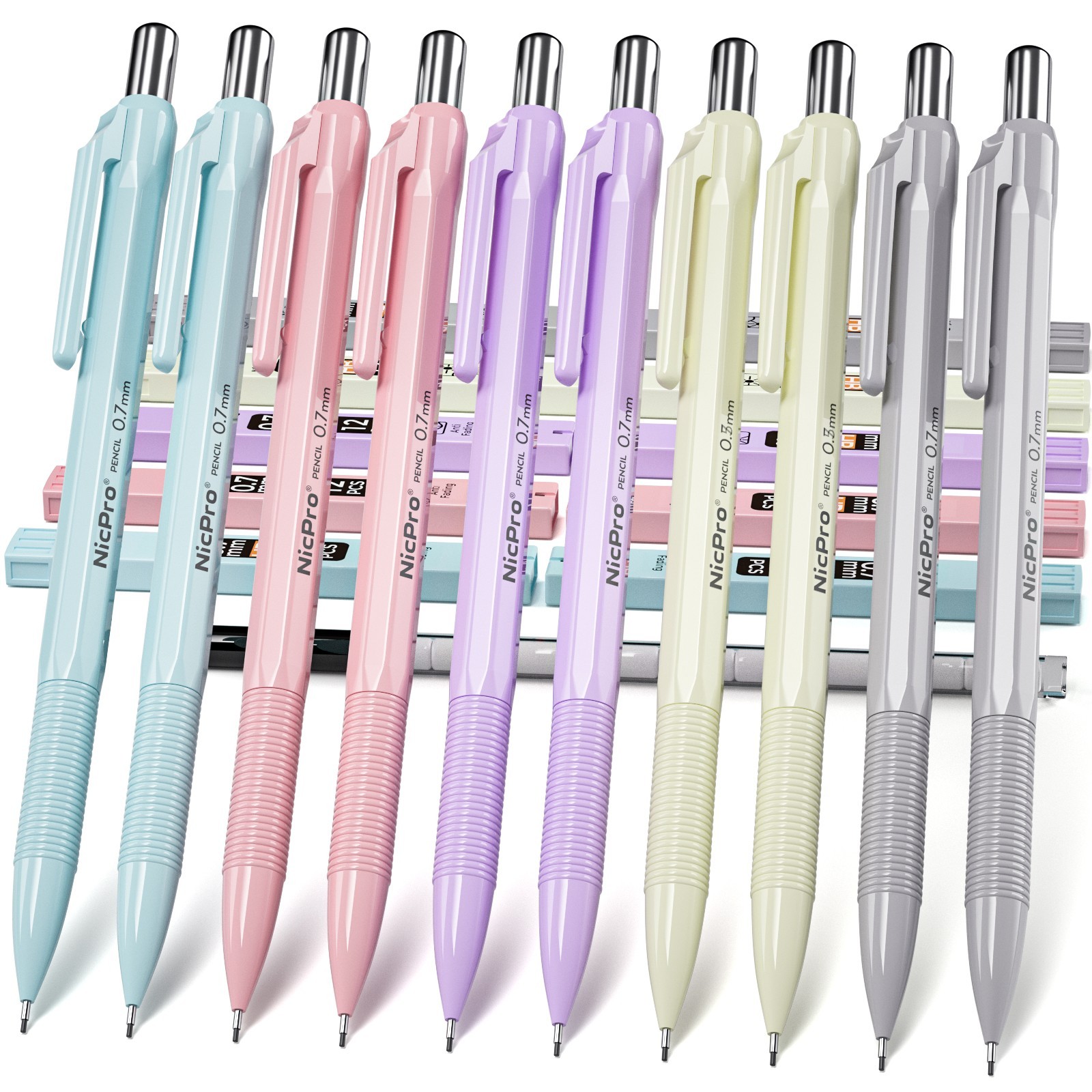 Nicpro 10PS 0.7mm Pastel Drafting Pencils + Case, 10 HB Refills, 12 Erasers