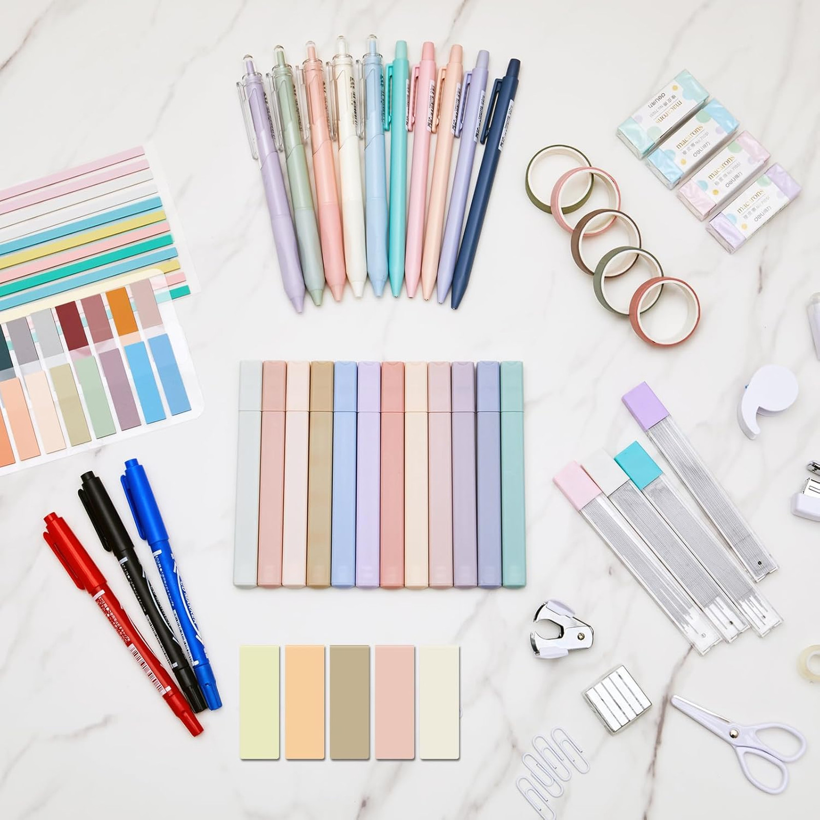 Aesthetic Stationery Set with Mini Stapler Highlighters Sticky Notes Notebook
