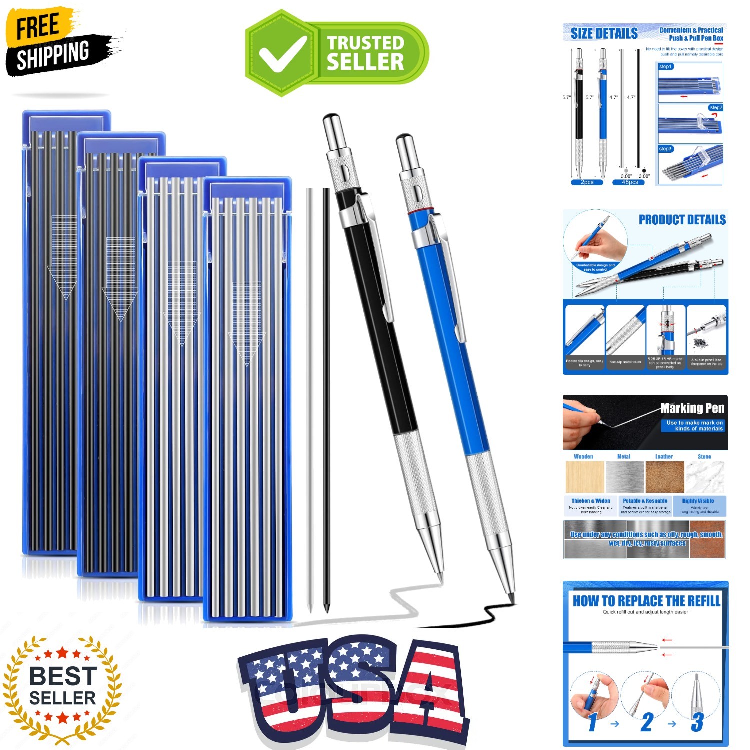 2 Pcs Welders Pencil with 48 PCS Round Refills Mechanical Pencils Metal Weldi…