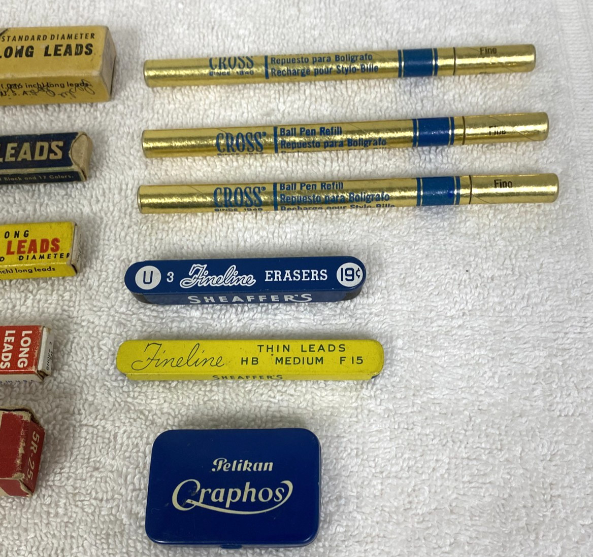 11 Vintage Pencil Leads Erasers Pen Refills Tins Boxes Scripto Sheaffers Cross