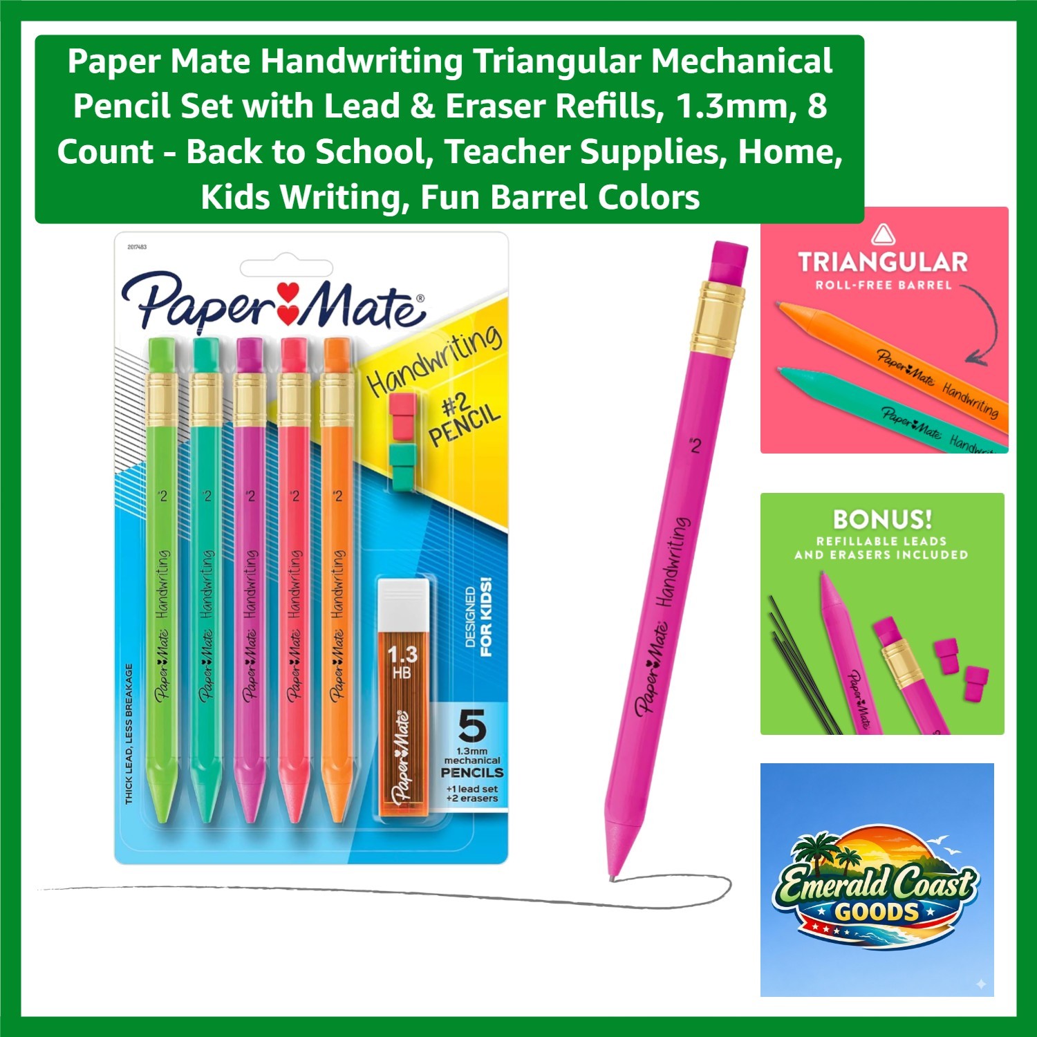 1.3mm Triangular Mechanical Pencils for Kids – 8 Count with Refills & Erasers