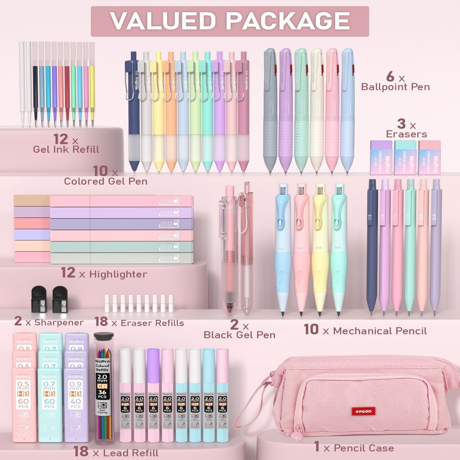 Nicpro 78PCS Aesthetic School Set: 12 Highlighters, 24 Pens, 10 Pencils, Case