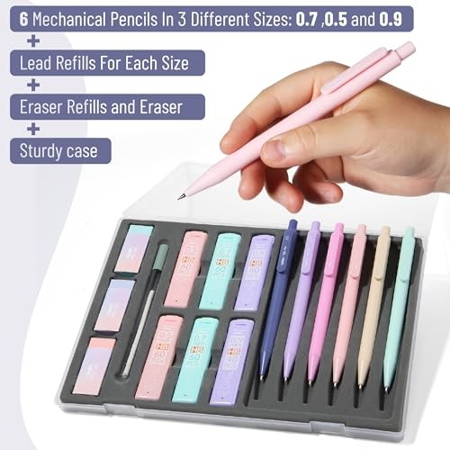 – Pastel Mechanical Pencil Set with Lead Refills & Erasers, 6 Pack | 3 Sizes,
