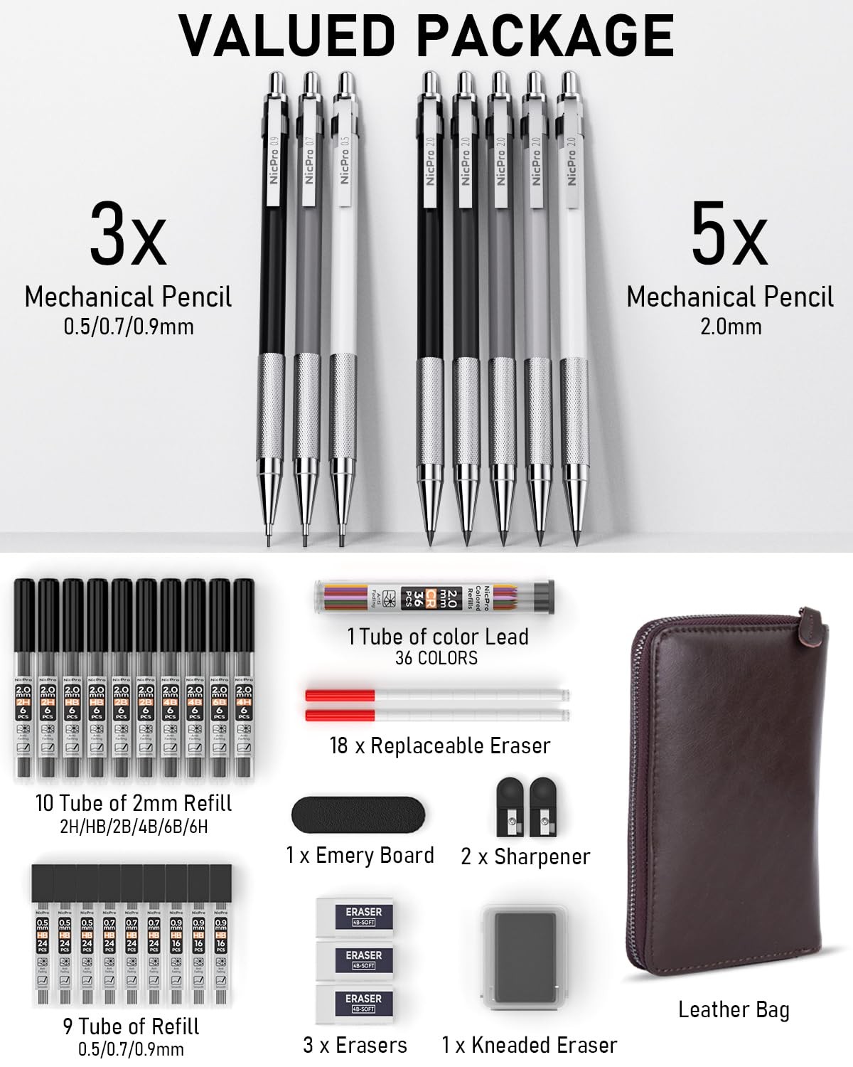 Nicpro 38PCS Art Mechanical Pencils Set in Leather Case, 3 38PCS, Multicolor