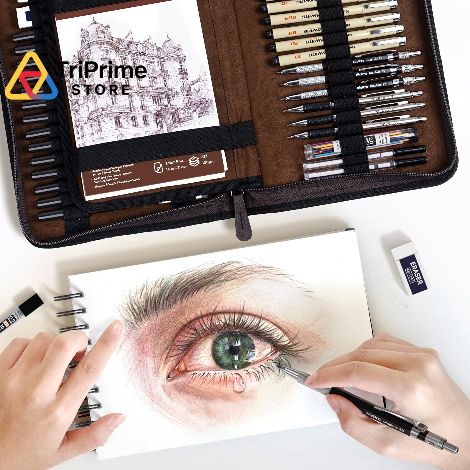 Nicpro 58 PCS Art Drawing Supplies Kit in 0.5mm 0.7mm 0.9mm 2.0mm, Black