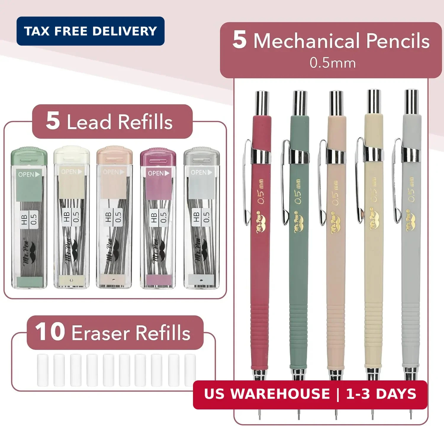 Mr. Pen- Mechanical Pencil Set with Lead and Eraser Refills, 5 Pack | 0.5mm, Ske