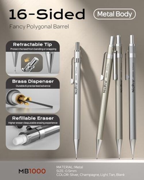 37PCS Art Mechanical Pencil Set, Metal 8 Pack （0.5mm & 0.7mm & 0.9mm & 2.0mm）
