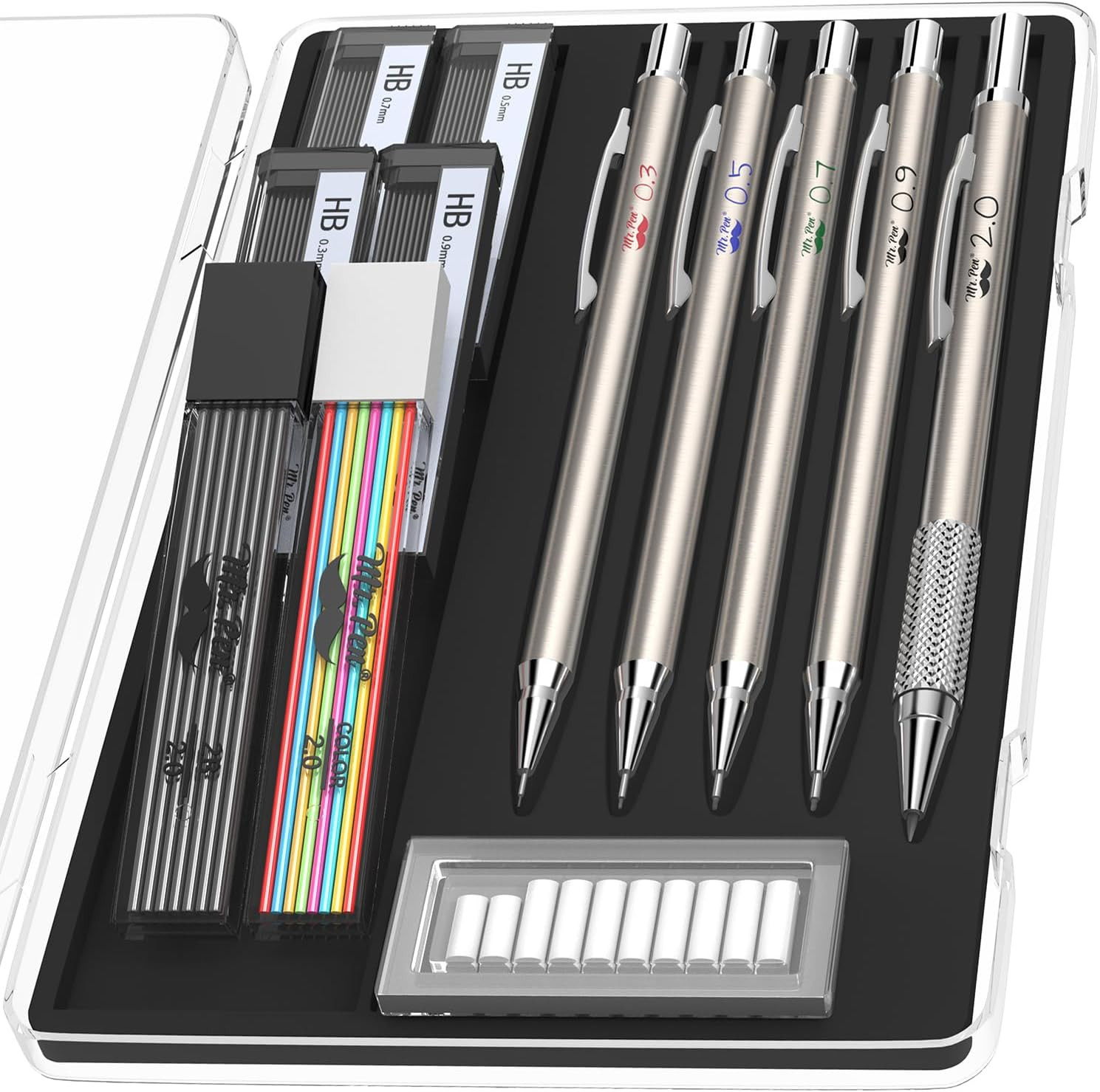 Mr. Pen- Metal Mechanical Pencil Set with Lead and Eraser Refills, 5 Sizes | 0.3