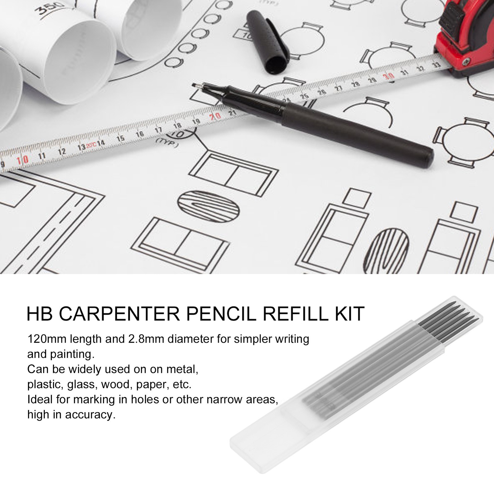Black Graphite 6Pcs Carpenter Pencil Refill 2.8mm HB Marking Scribing Tool