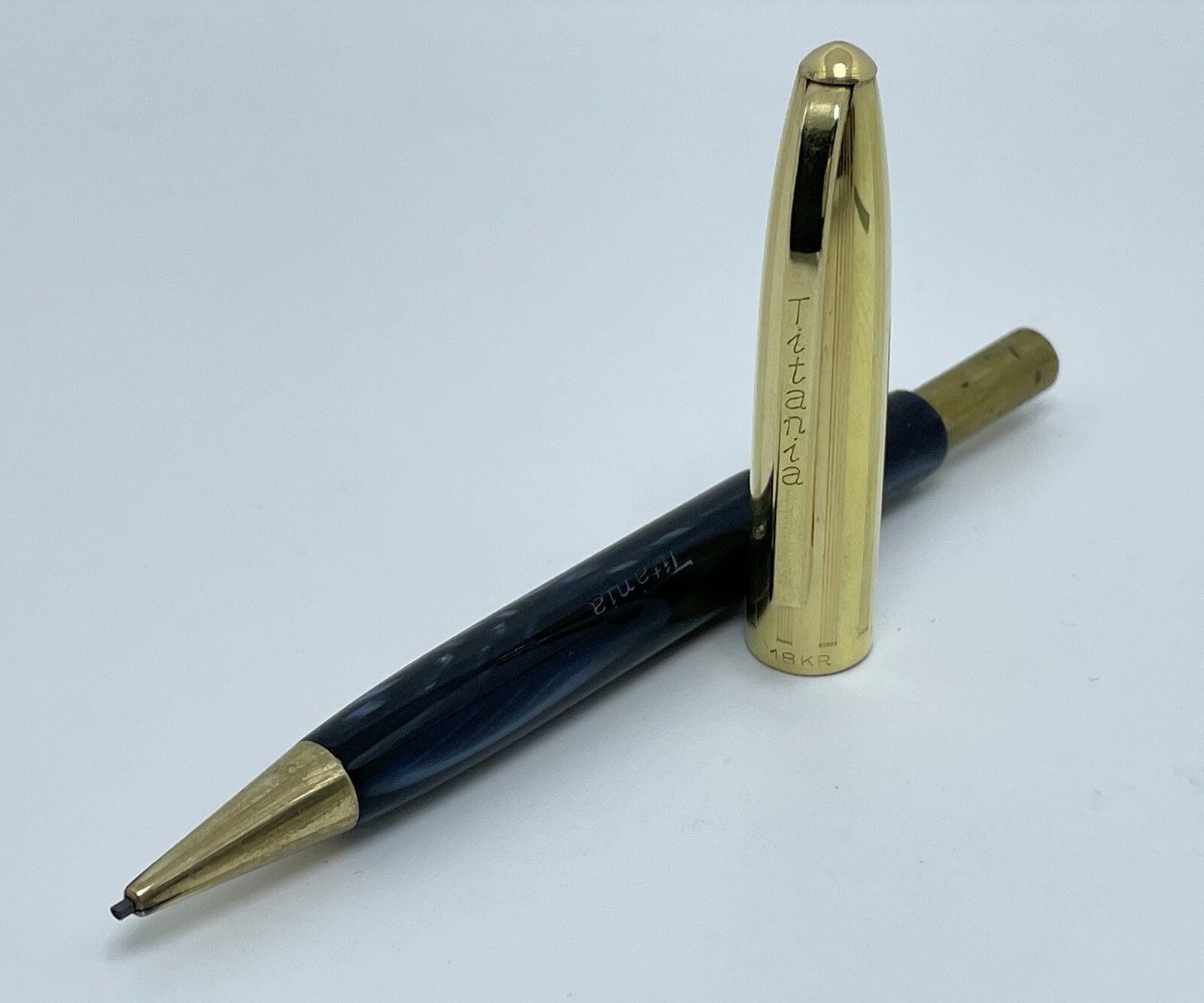 Antique Titania Gold Filled Cap Blue Celluloid Mechanical Pencil – 1950’s Italy