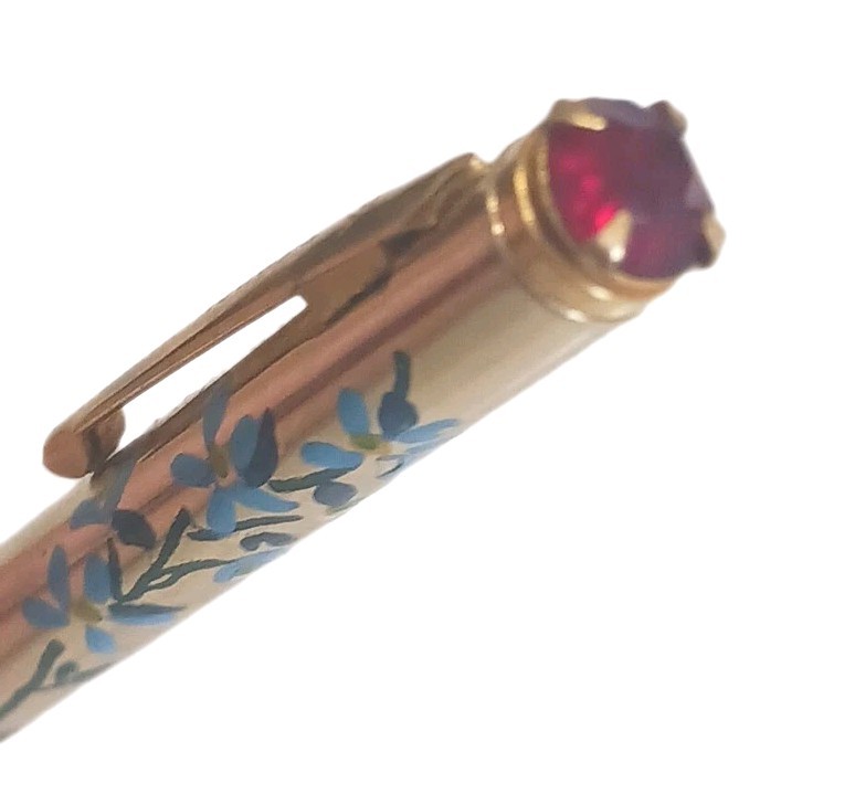 Vtg Pencil Glass Ruby Birthstone Mechanical 3¾” Hand Painted Floral by Mascot
