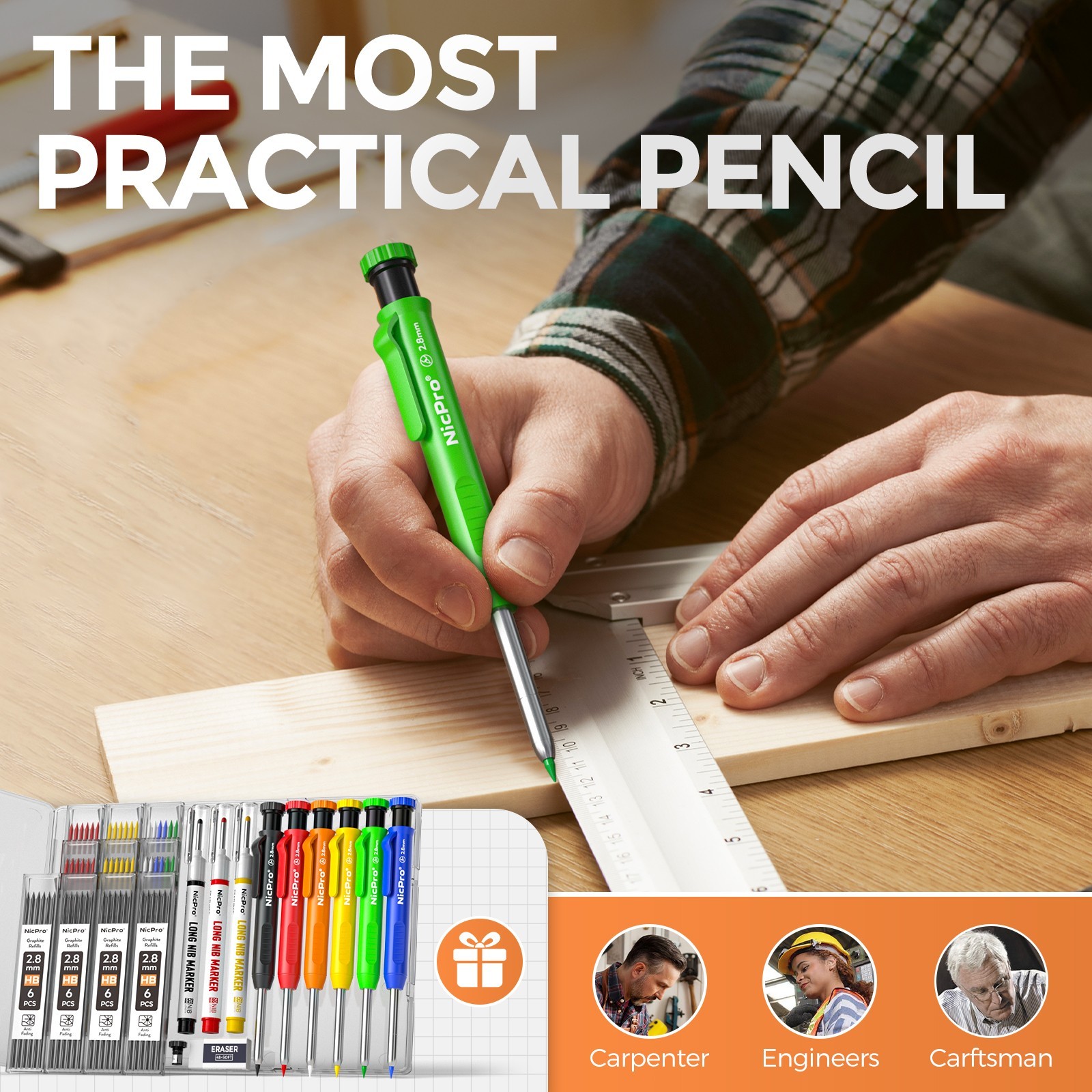 Nicpro 6 Pack CP1000 Carpenter Pencils with Sharpener, Mechanical Pencil Set