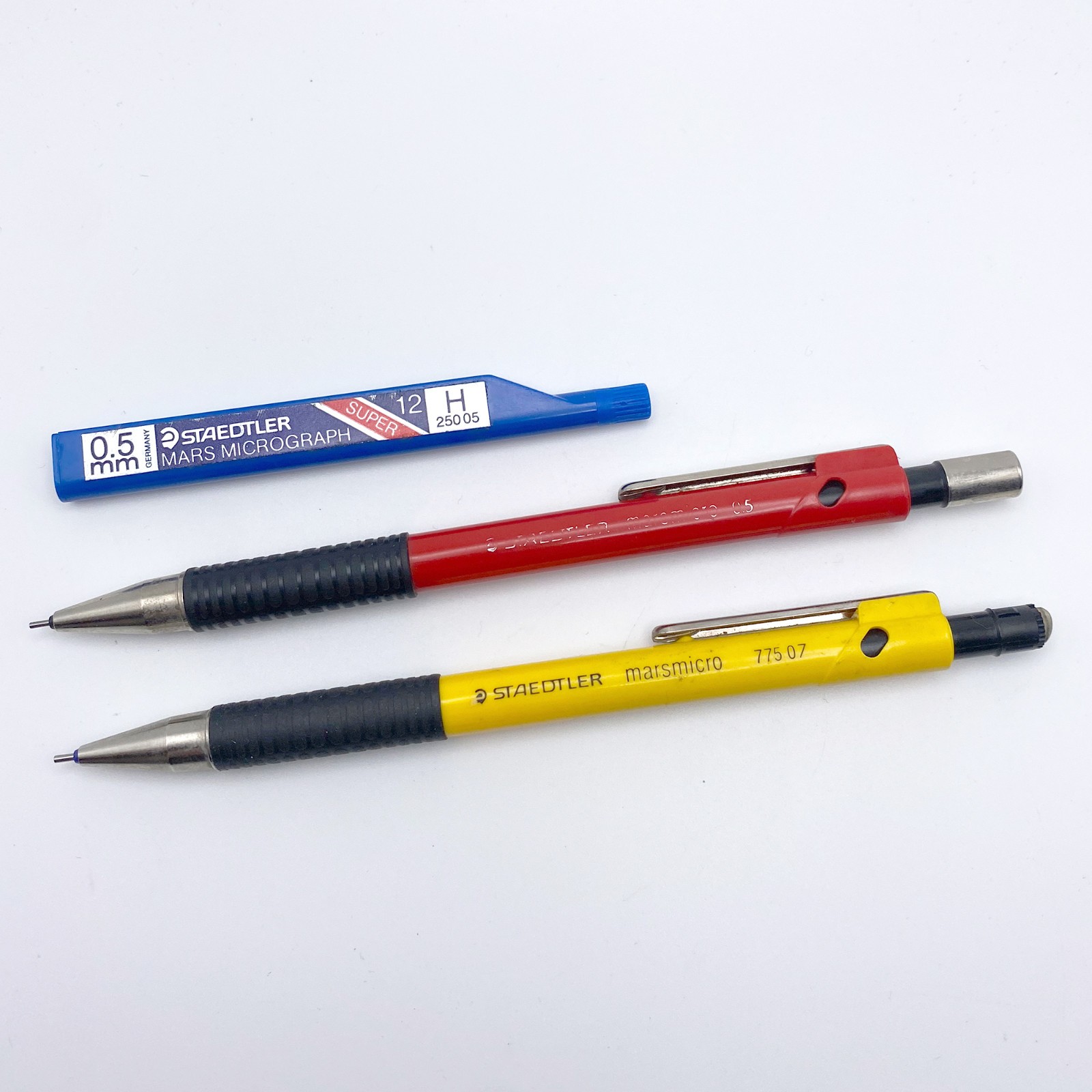 2 Staedtler Marsmicro Red 0.5 & Yellow 7705 07 Mechanical Pencils w/ 0.5mm Lead