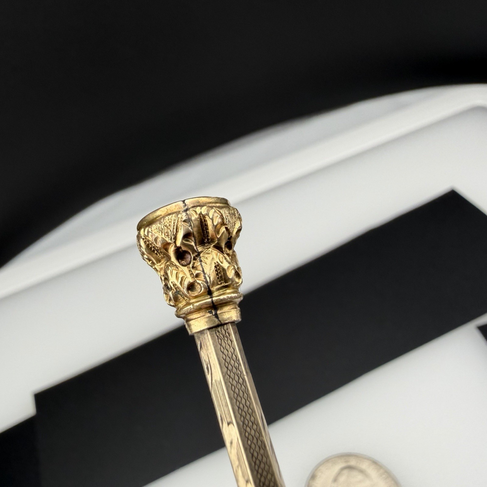 Victorian Gold Filled 3 7/8″ Telescoping Pencil Watch Fob w/ Chain & White Stone