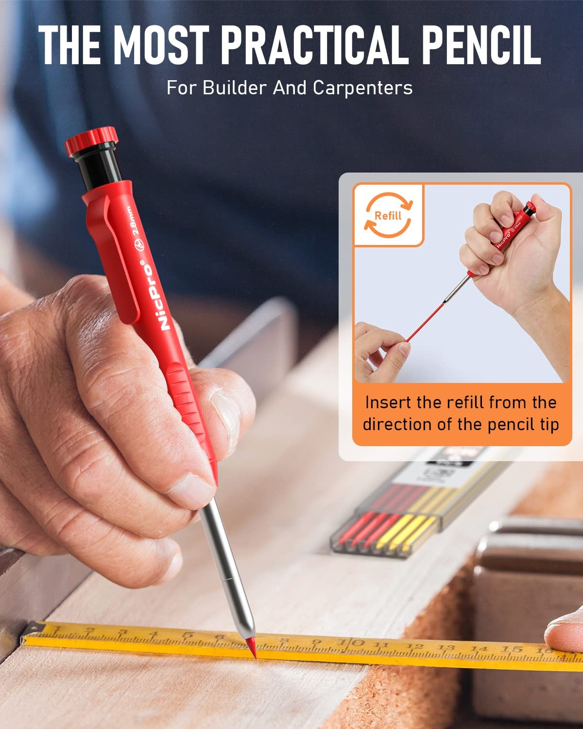 Nicpro Carpenter Pencil with Sharpener, Mechanical Pencils 2 Pack, Black,Red