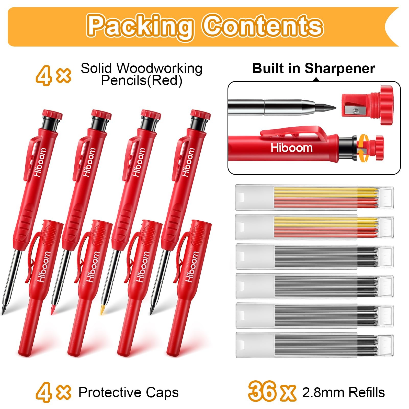 Hiboom 4 Pack Carpenter Pencils with 36 Refills (Red, Black, Yellow), 2.8 Red