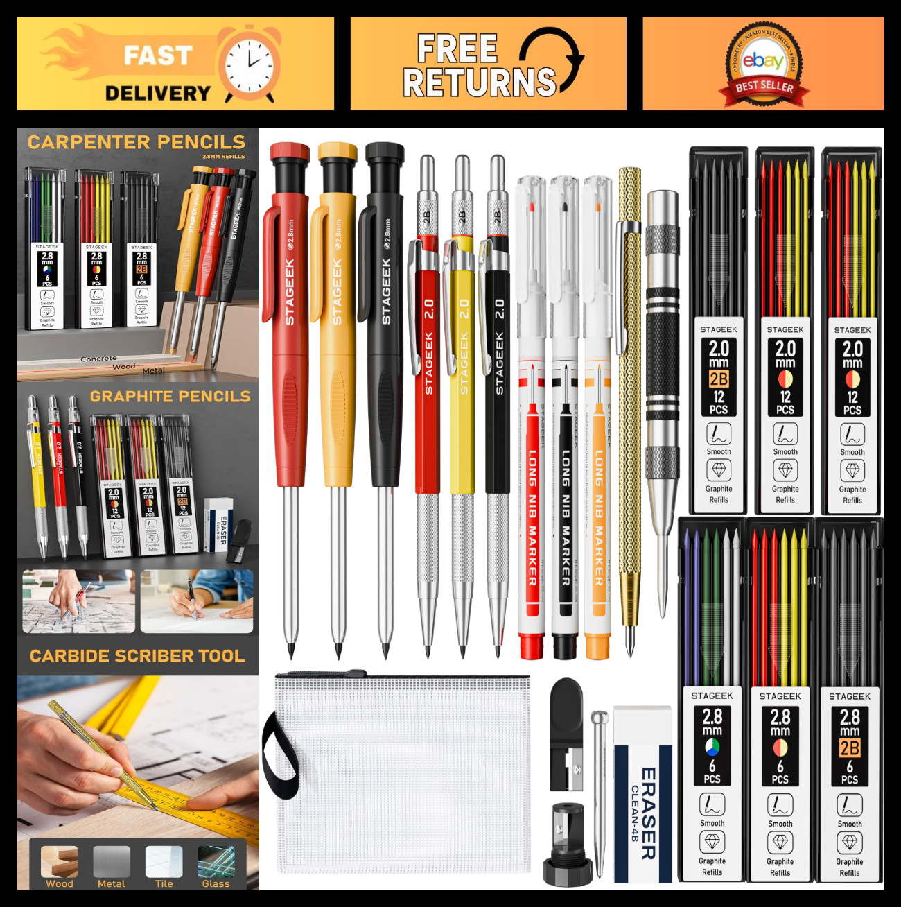22 Pack Mechanical Carpenter Pencil Set, 60 Refills, Sharpener, Scribe Tool, Era