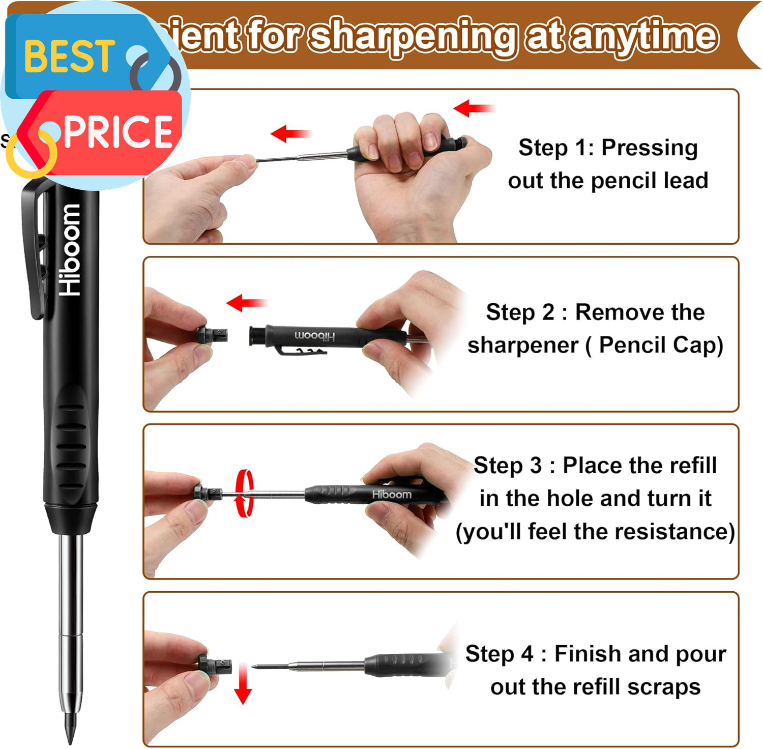 4 Pack Carpenter Pencil with 24 Refills (Red, Black, Yellow), 2.8 Mm Heavy Duty