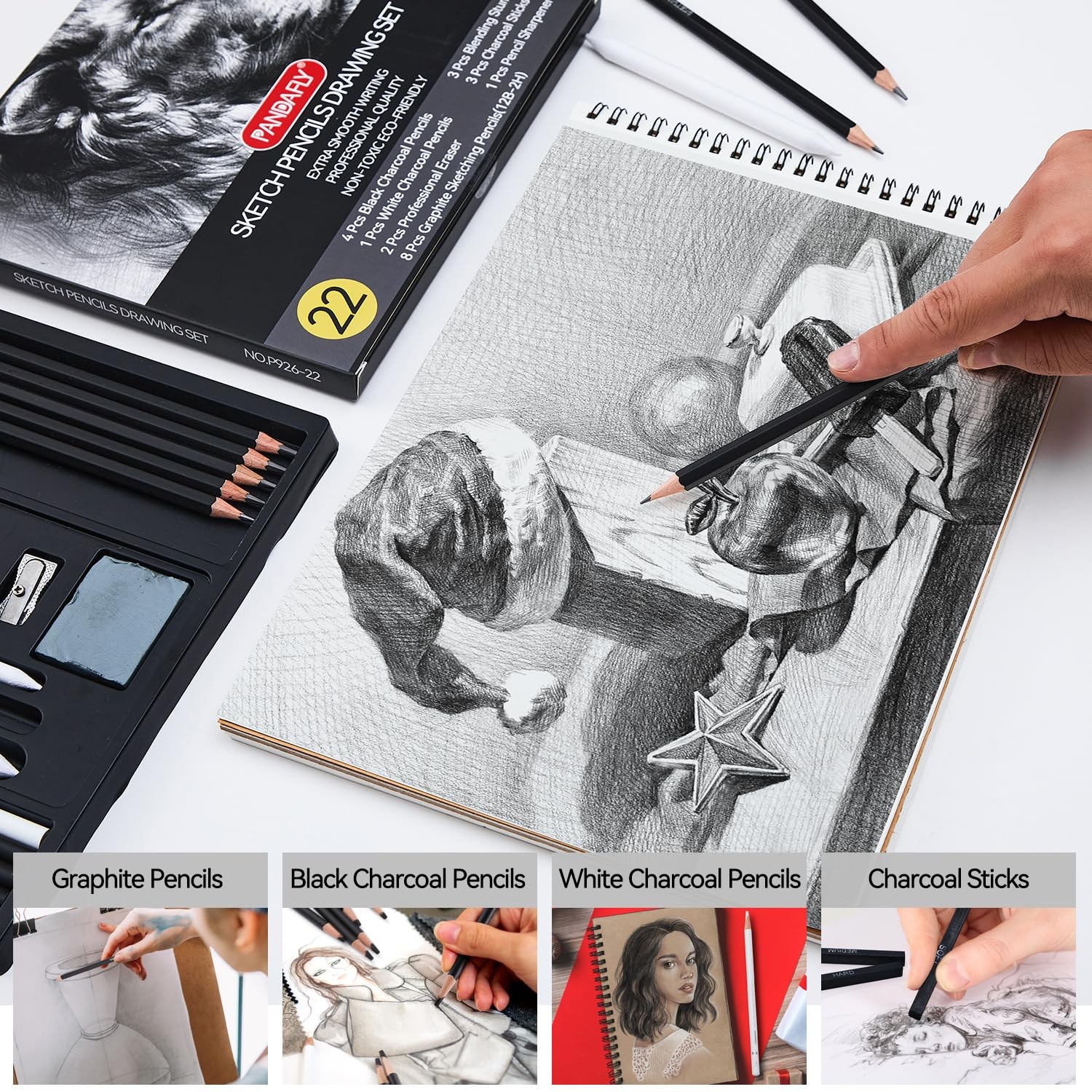 PANDAFLY Drawing Sketching Pencil Set, 1 Count (Pack of 22), 22 Pack – Black