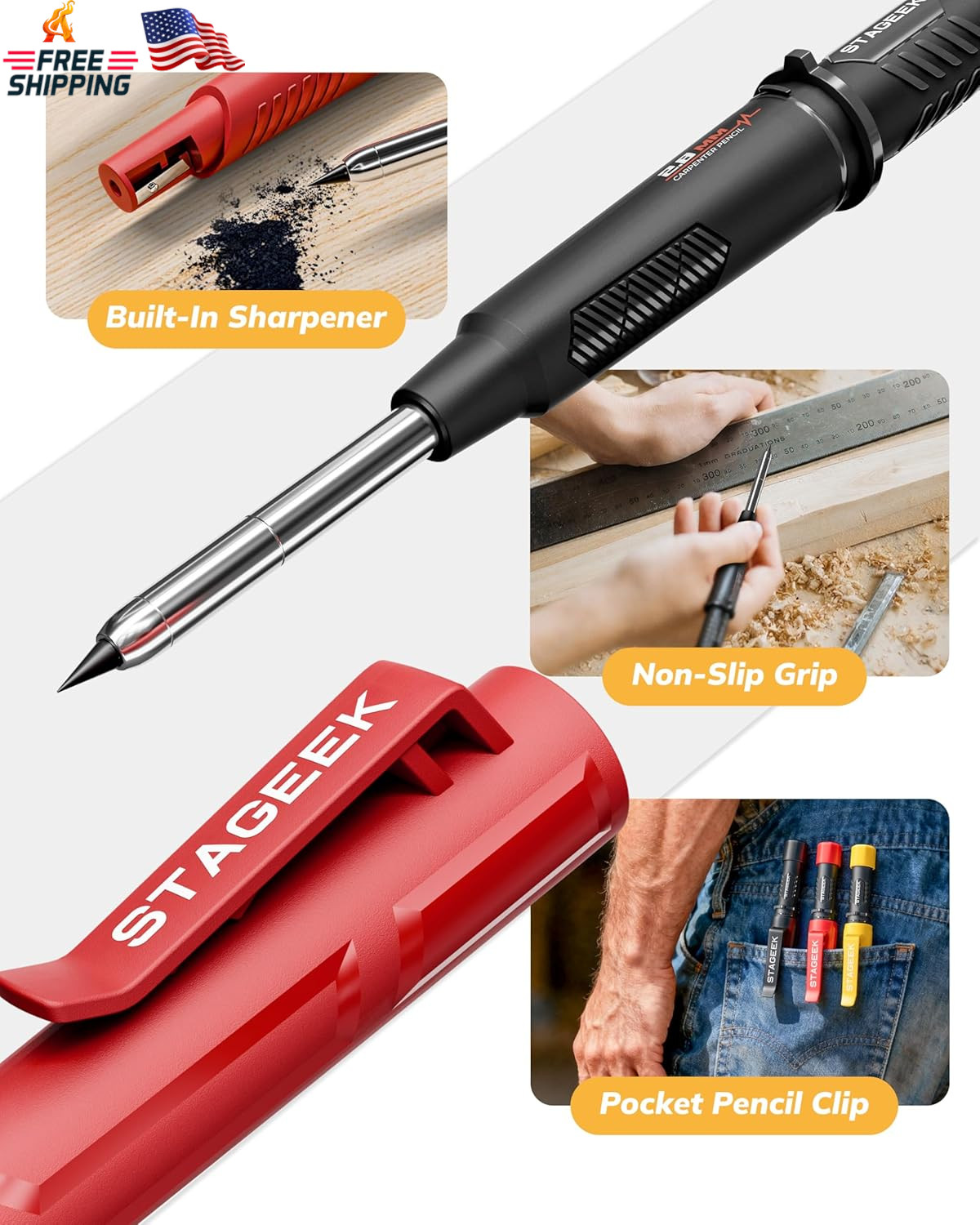 2 Pack Carpenter Pencils with Sharpener, Mechanical Carpenter Pencils with 38 Re