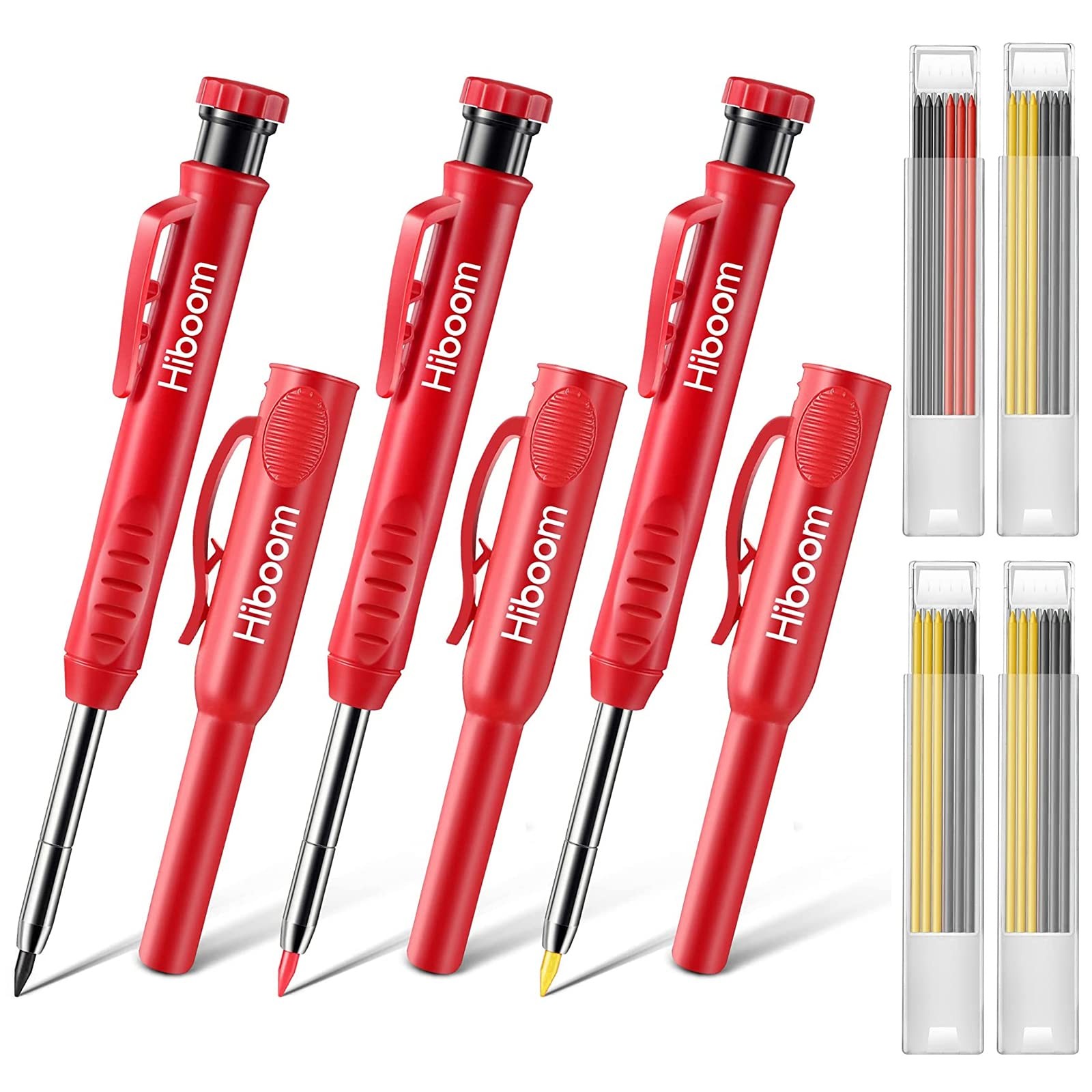 Hiboom 3 Pack Carpenter Pencils Set with 24 Refills, 2.8 mm Gray,Yellow