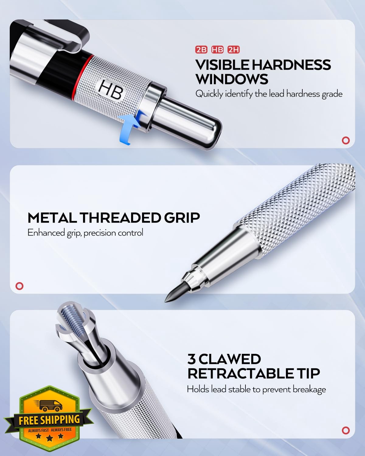 Nicpro Mechanical Pencils 0.5/0.7/0.9mm Silver